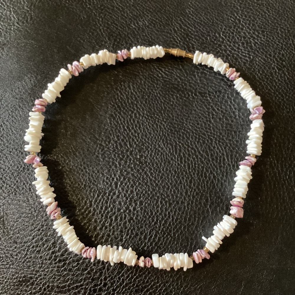 Puka Shell White and Purple 16” Necklace